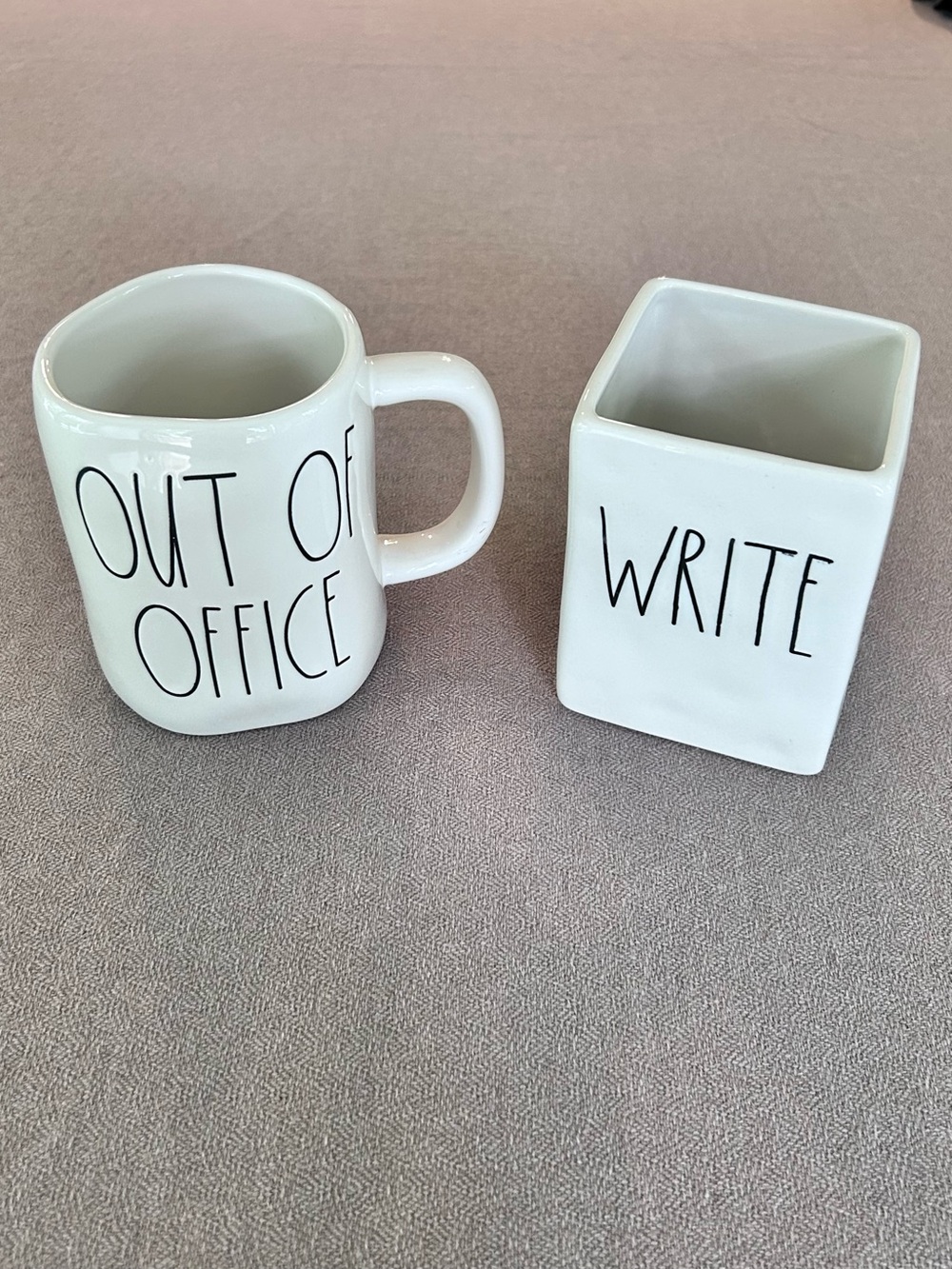 Rae Dunn White Ceramic 16 Fl Oz Mug OUT OF OFFICE Text and Pen Holder WRITE Text